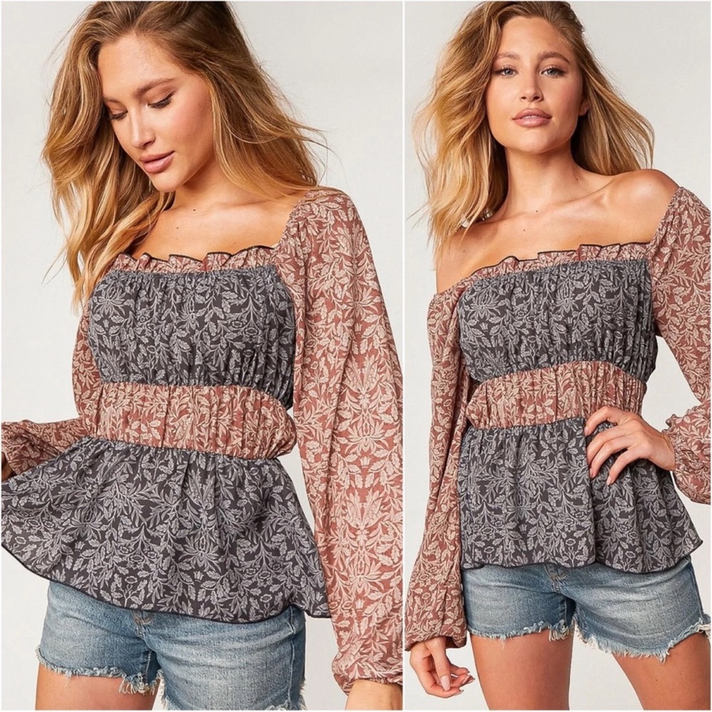 B26B🧡🖤Stunning gray+rust scroll print top w/elastic waist-perfect4 day2date!